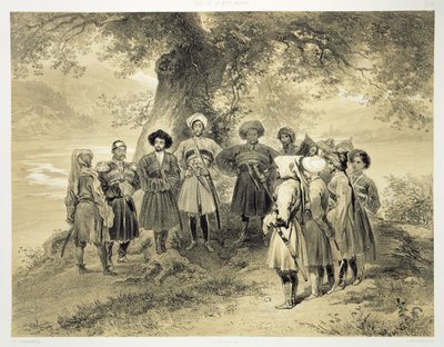 Reunion of Tcherkesse Princes, Sodja Valley, on the Black Sea, plate 3 from a book on the Caucasus, engraved by Adolphe Mouilleron, published by Alfred Leon Lemercier, Paris, 1847 by Grigori Grigorevich Gagarin